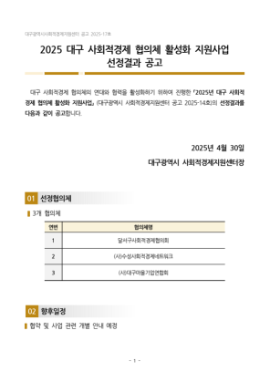 [2025년 대구광역시 사회적경제 협의체 활성화 지원사업] 선정 심사결과 안내